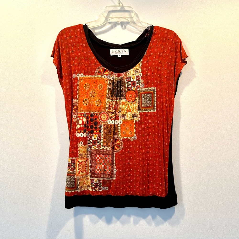 Label Ritu Kumar Women's Red Black Soft Patterned T-Shirt Blouse, Size 4
